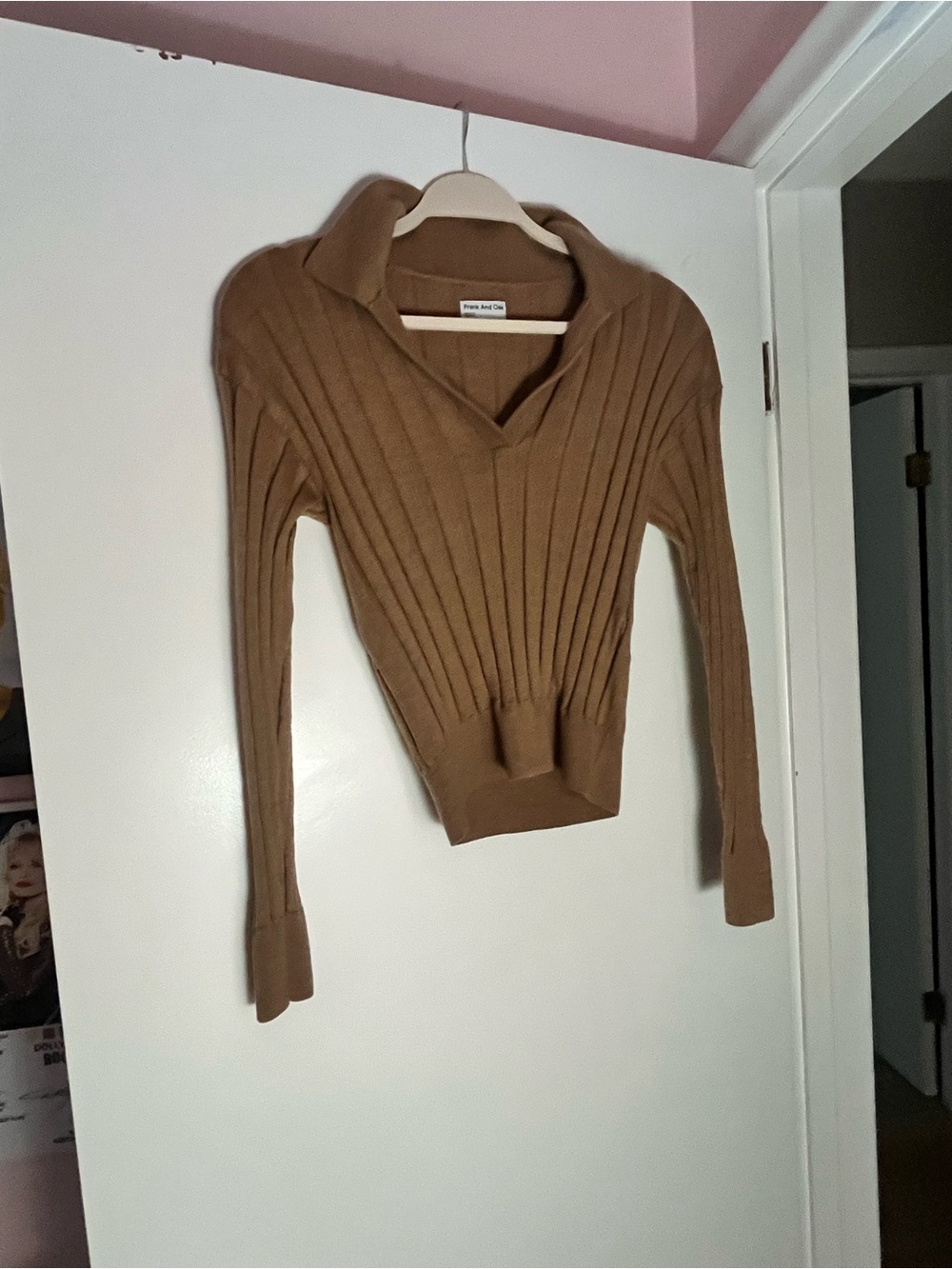 Frank & Oak Ribbed V-Neck Sweater in Camel Brown